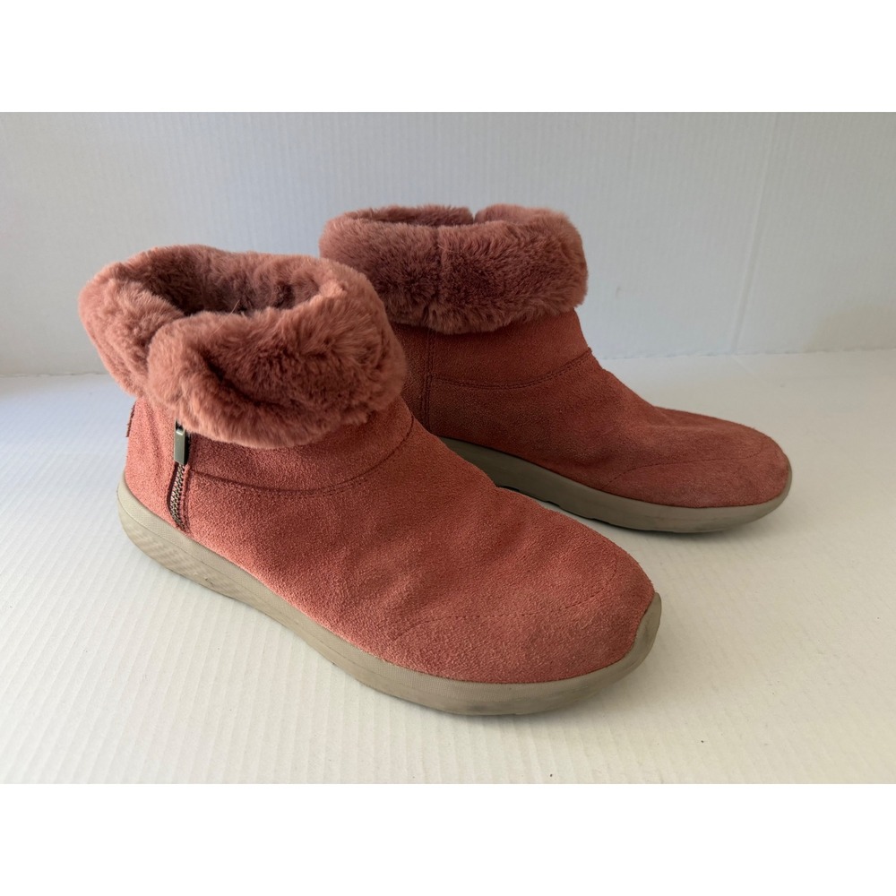 Skechers Ankle Boots On-The-Go Joy Suede 10 Rose Pink Faux Fur Zip